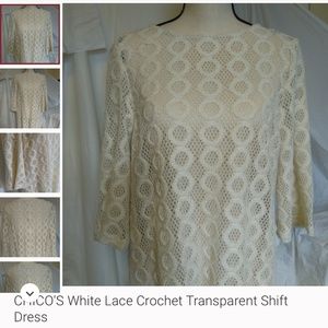 CHICO'S White Lace Crochet Transparent Shift Dress